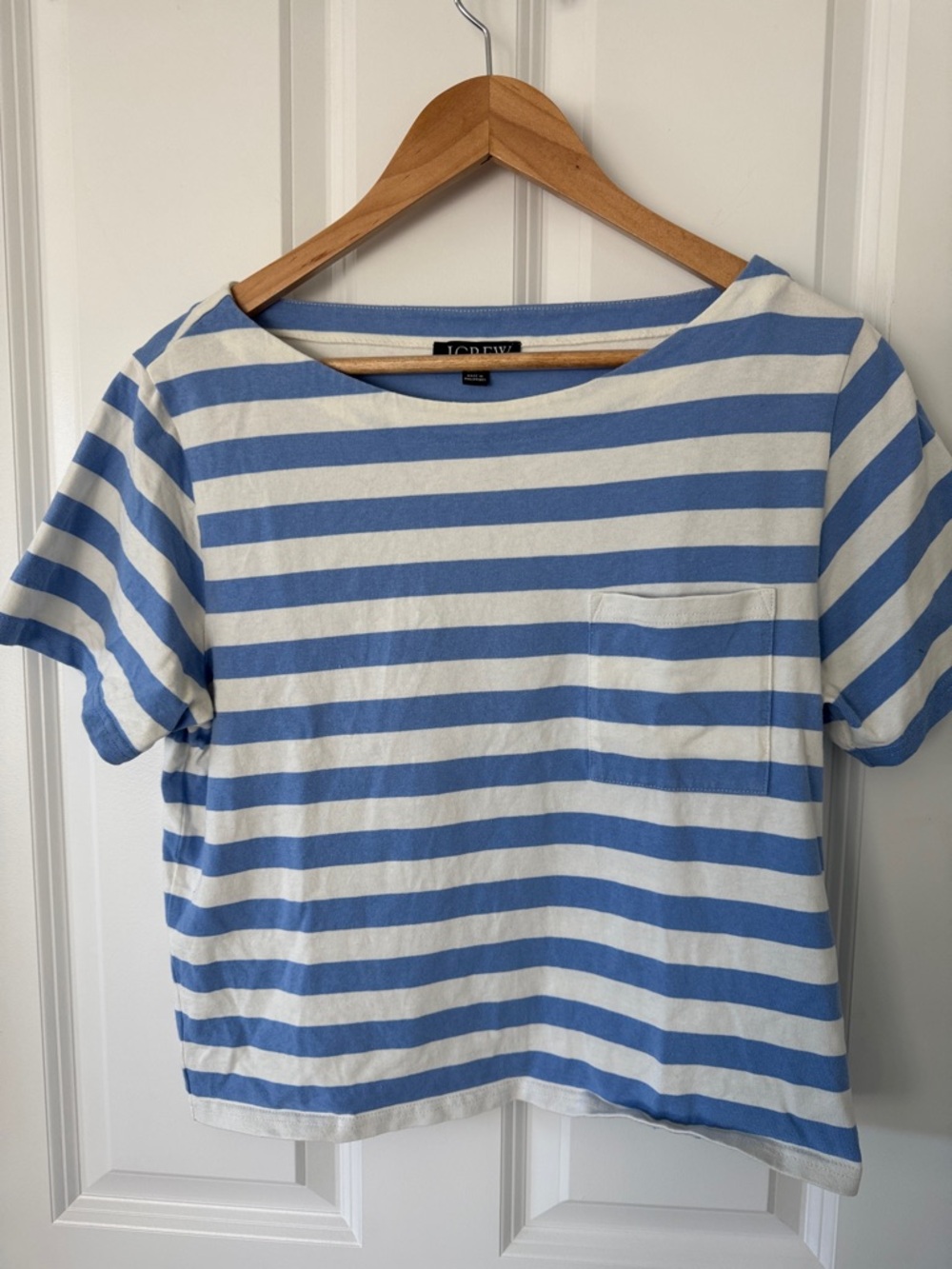 J. Crew Light Blue and White Striped Pocket Tee